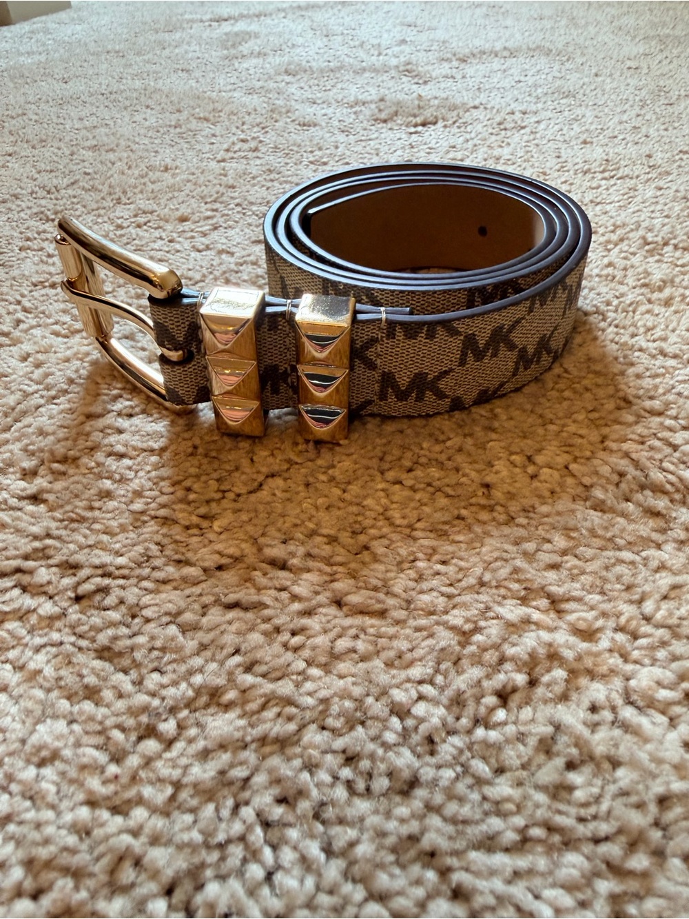 Michael Kors Beige Brown Monogram Belt with Gold Hardware Size Large